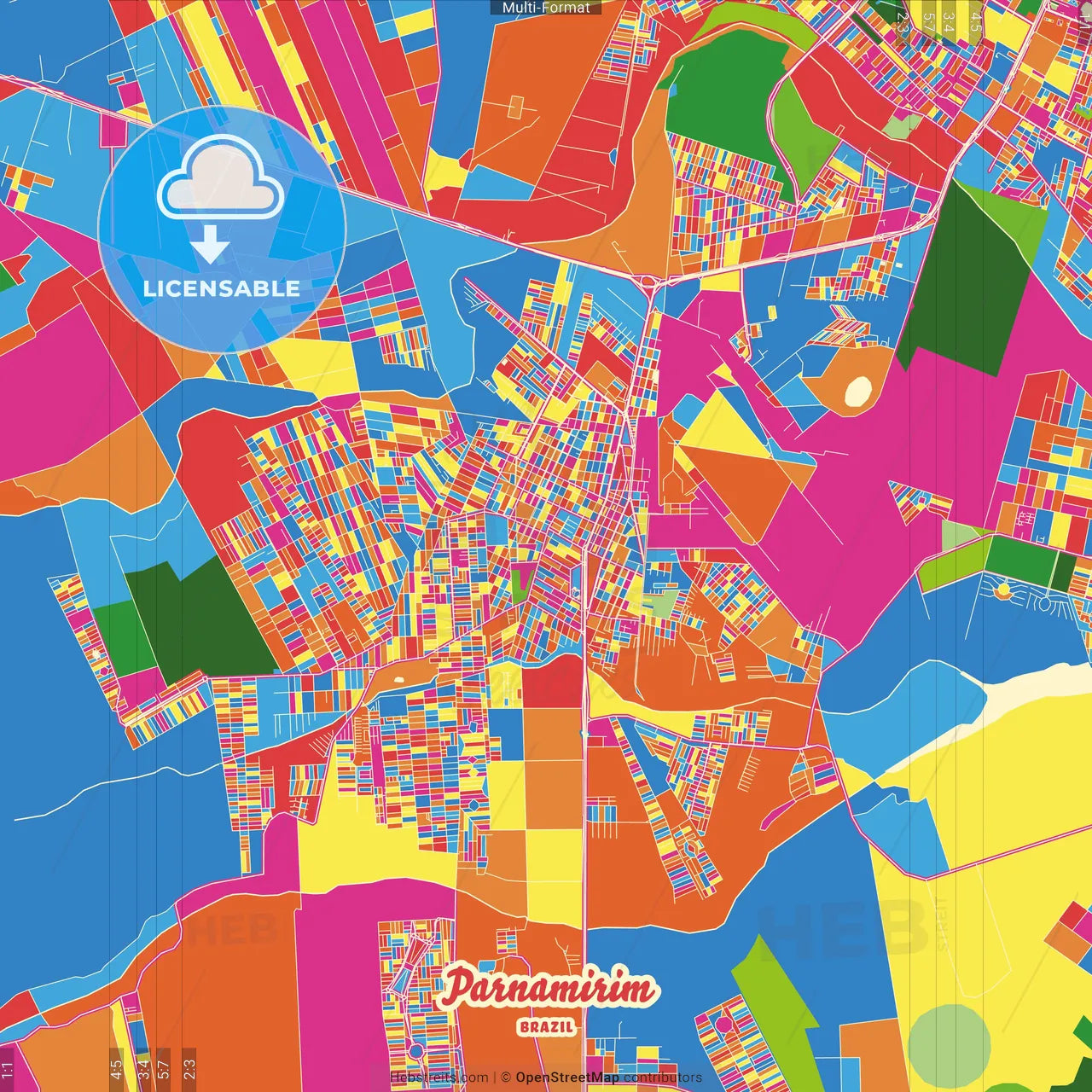 Parnamirim, Brazil Crazy Colorful Street Map Poster Template
