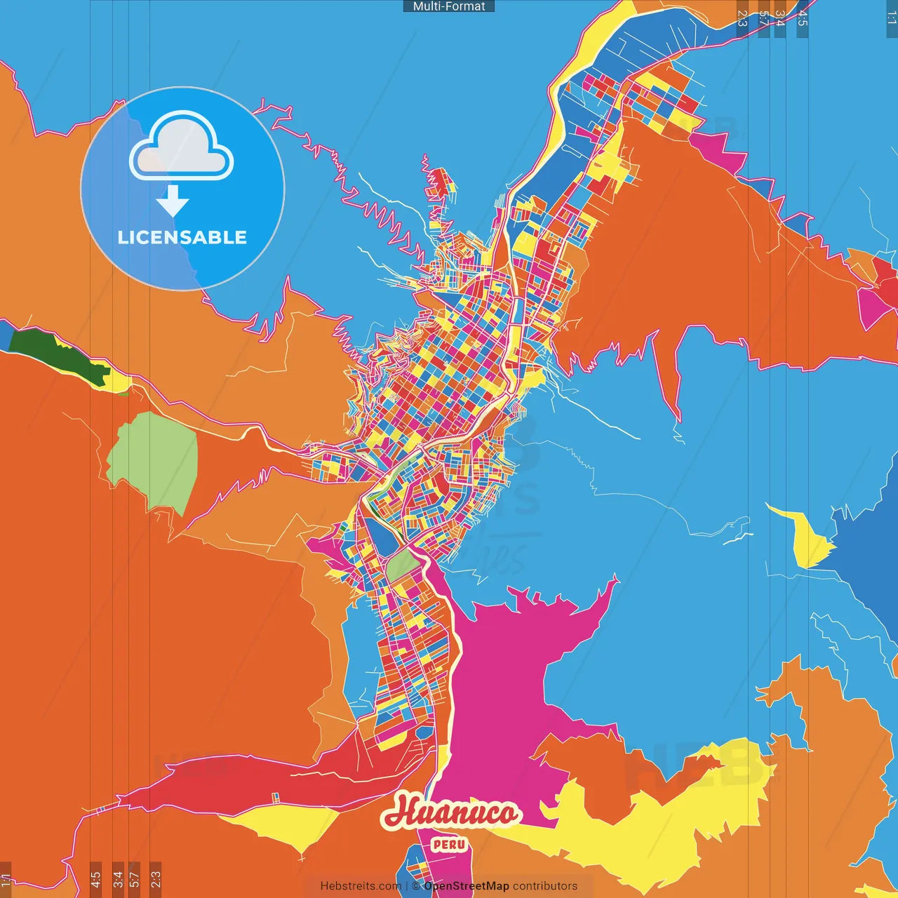 Huanuco, Peru Crazy Colorful Street Map Poster Template