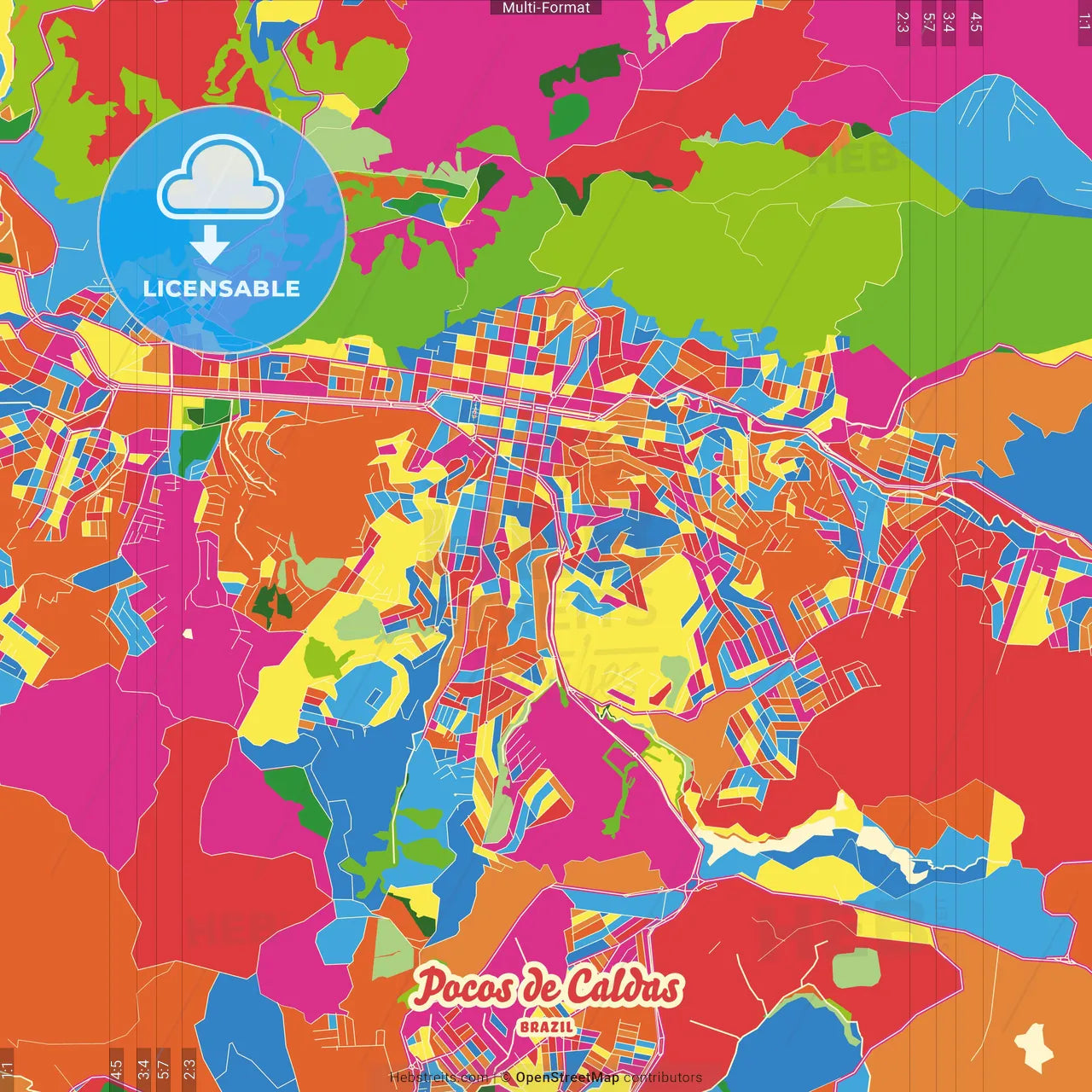 Pocos de Caldas, Brazil Crazy Colorful Street Map Poster Template