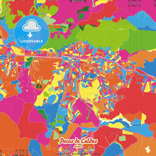 Pocos de Caldas, Brazil Crazy Colorful Street Map Poster Template
