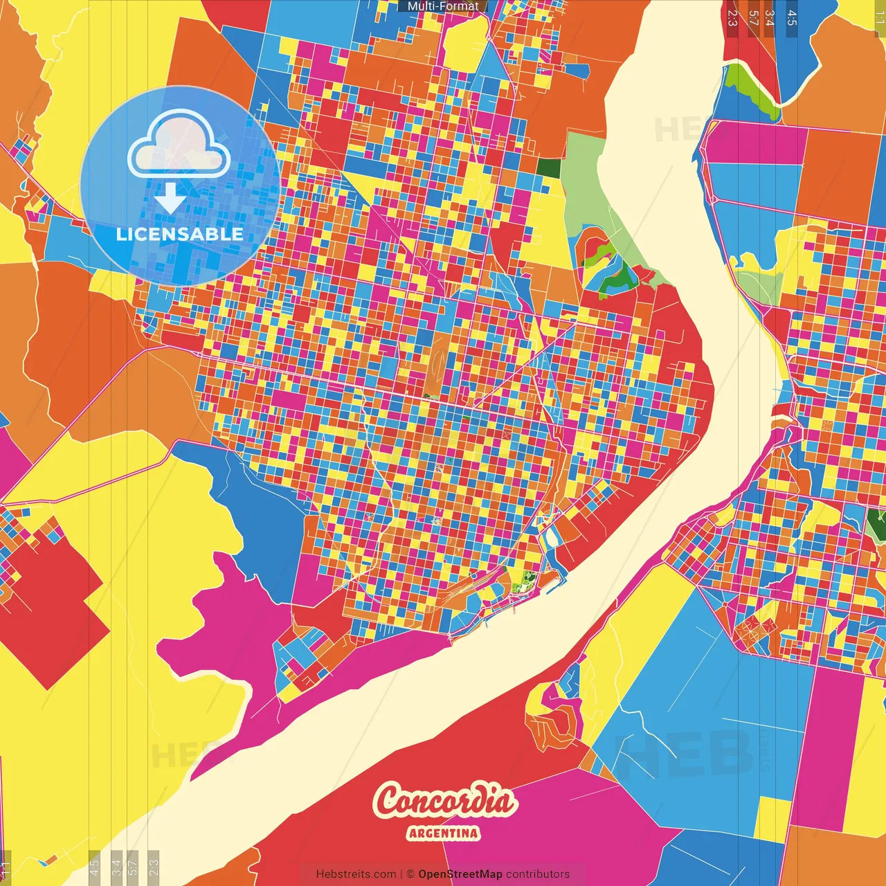 Concordia, Argentina Crazy Colorful Street Map Poster Template