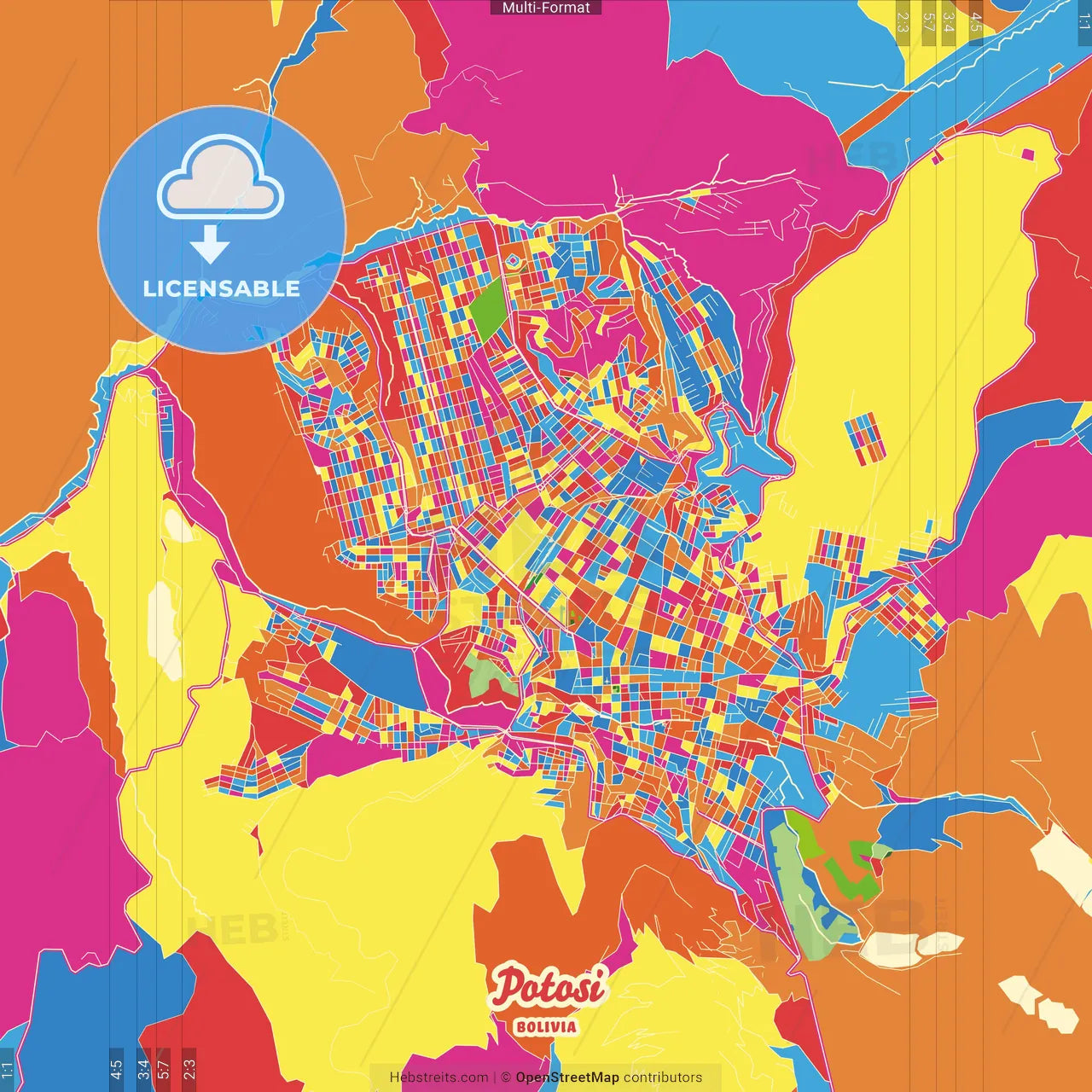 Potosi, Bolivia Crazy Colorful Street Map Poster Template