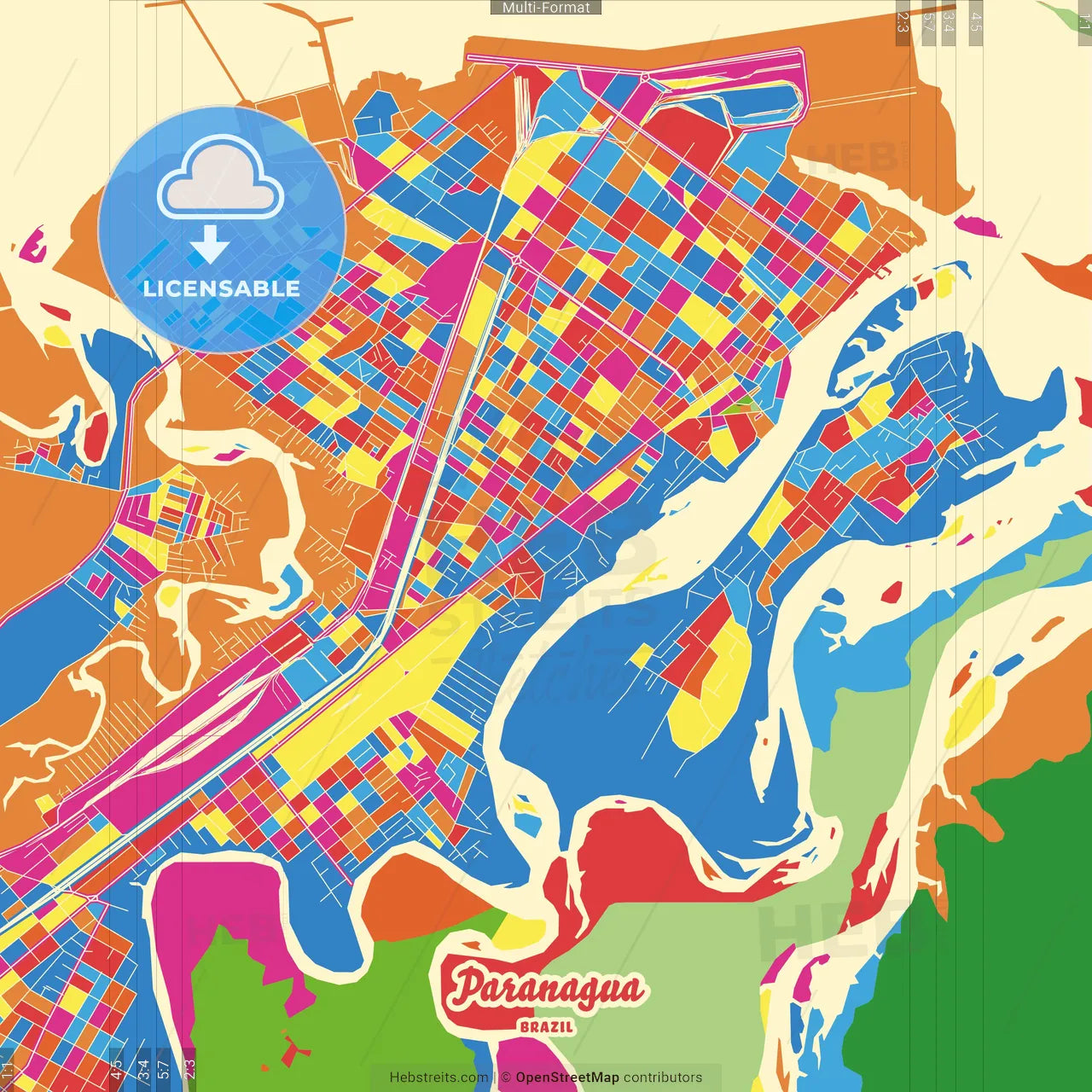 Paranagua, Brazil Crazy Colorful Street Map Poster Template