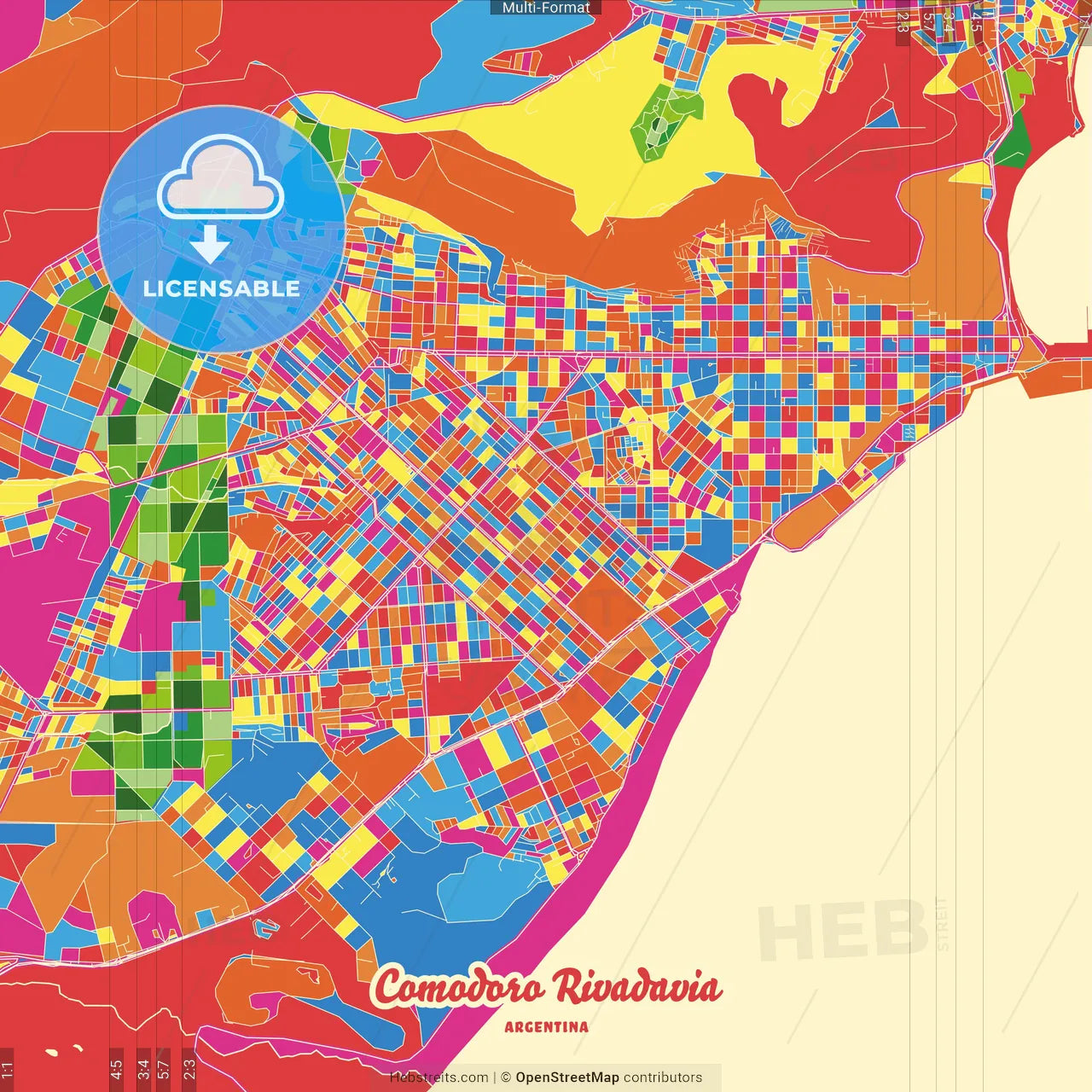 Comodoro Rivadavia, Argentina Crazy Colorful Street Map Poster Template
