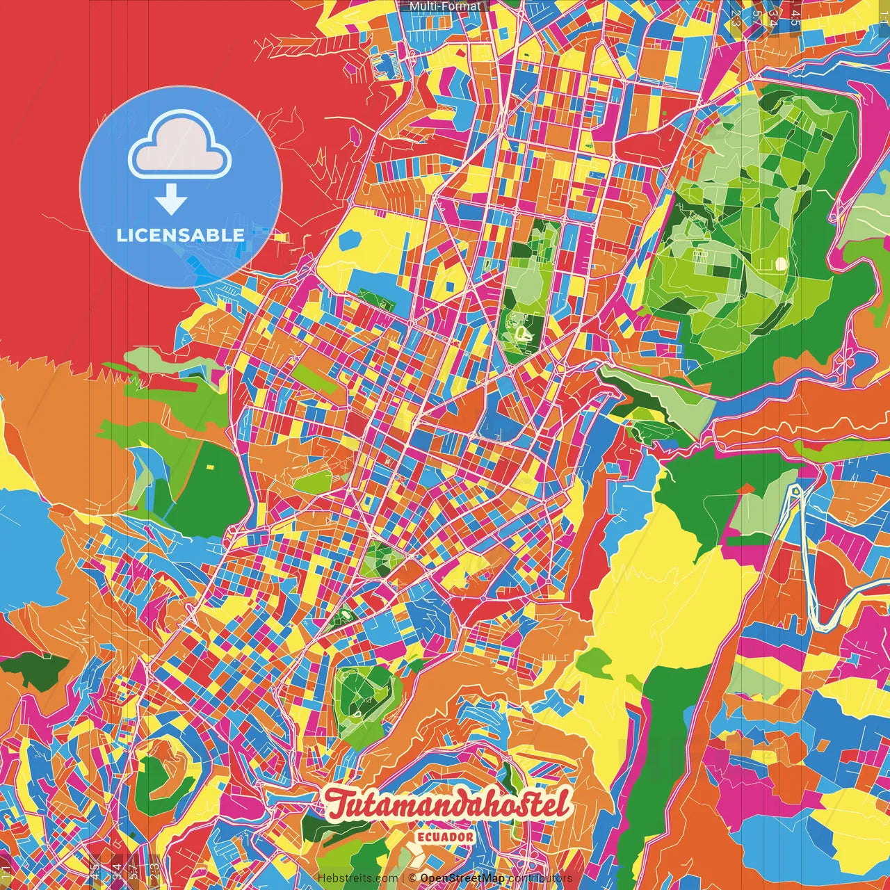 Tutamandahostel, Ecuador Crazy Colorful Street Map Poster Template