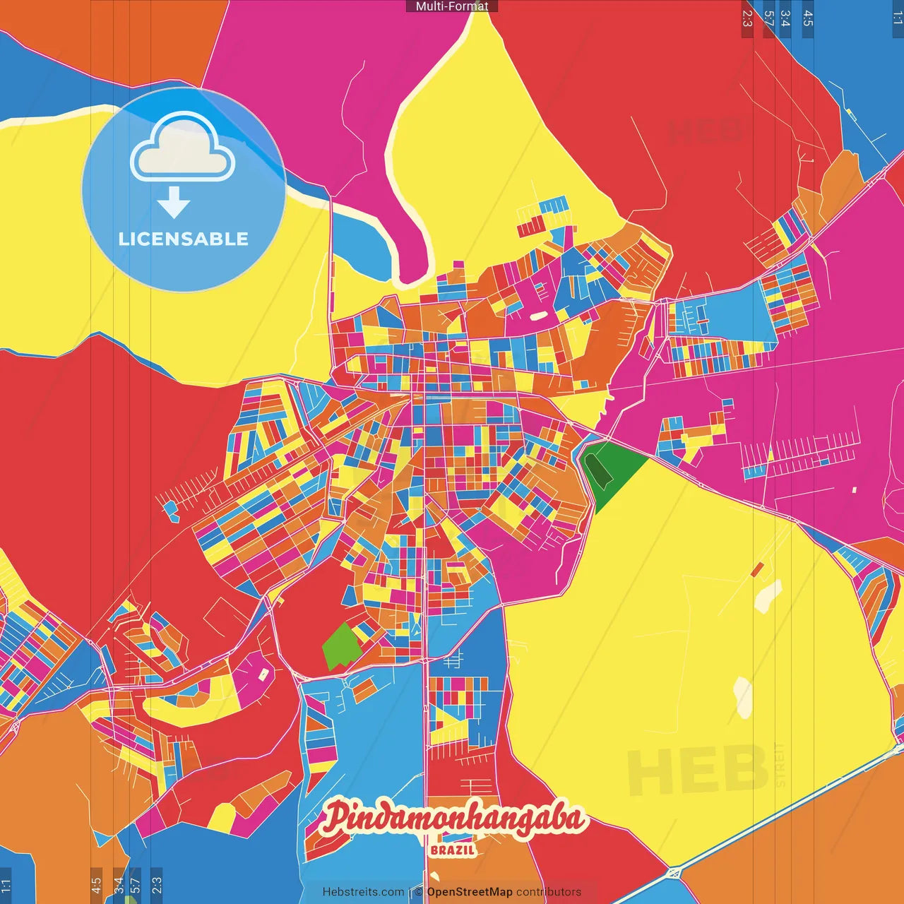 Pindamonhangaba, Brazil Crazy Colorful Street Map Poster Template