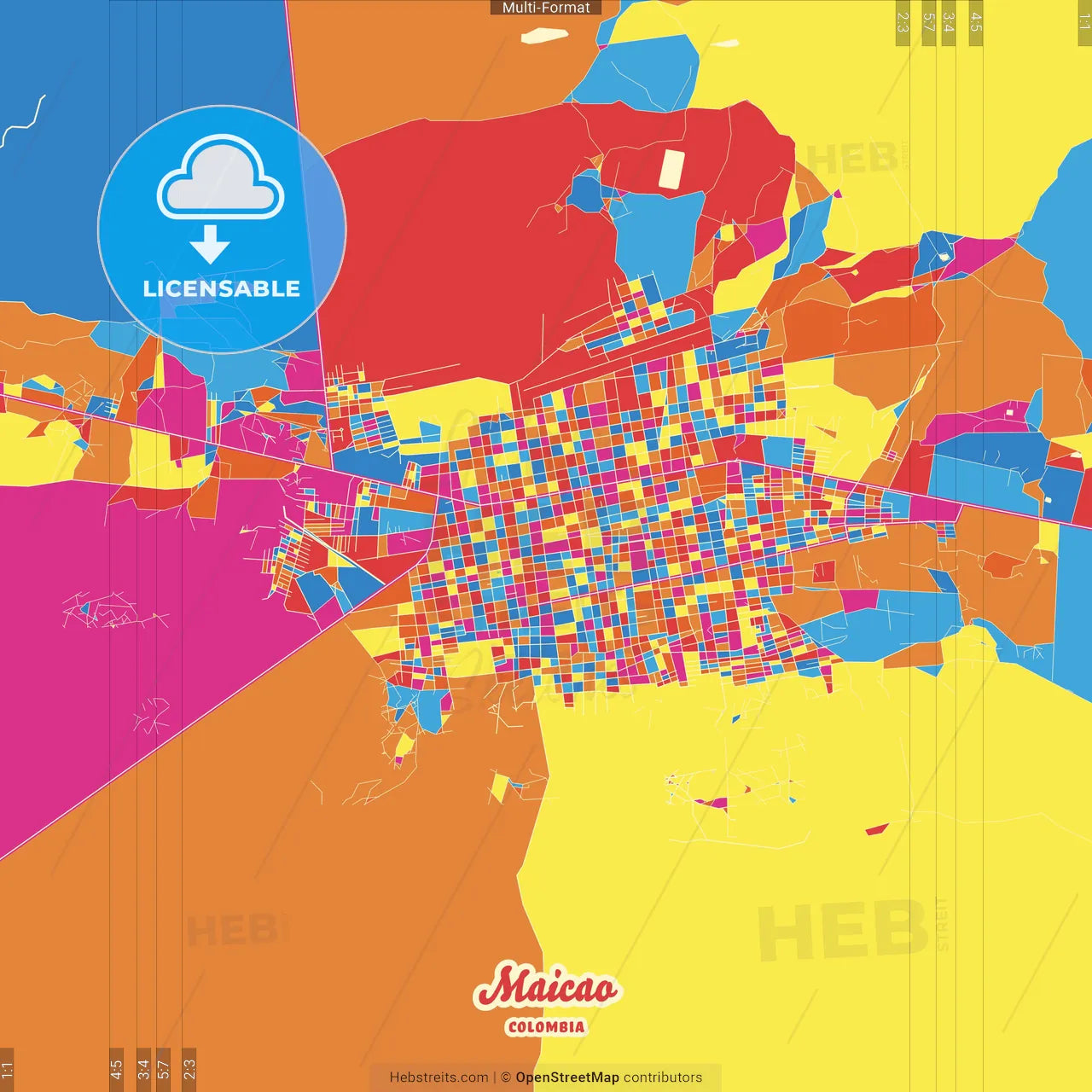 Maicao, Colombia Crazy Colorful Street Map Poster Template