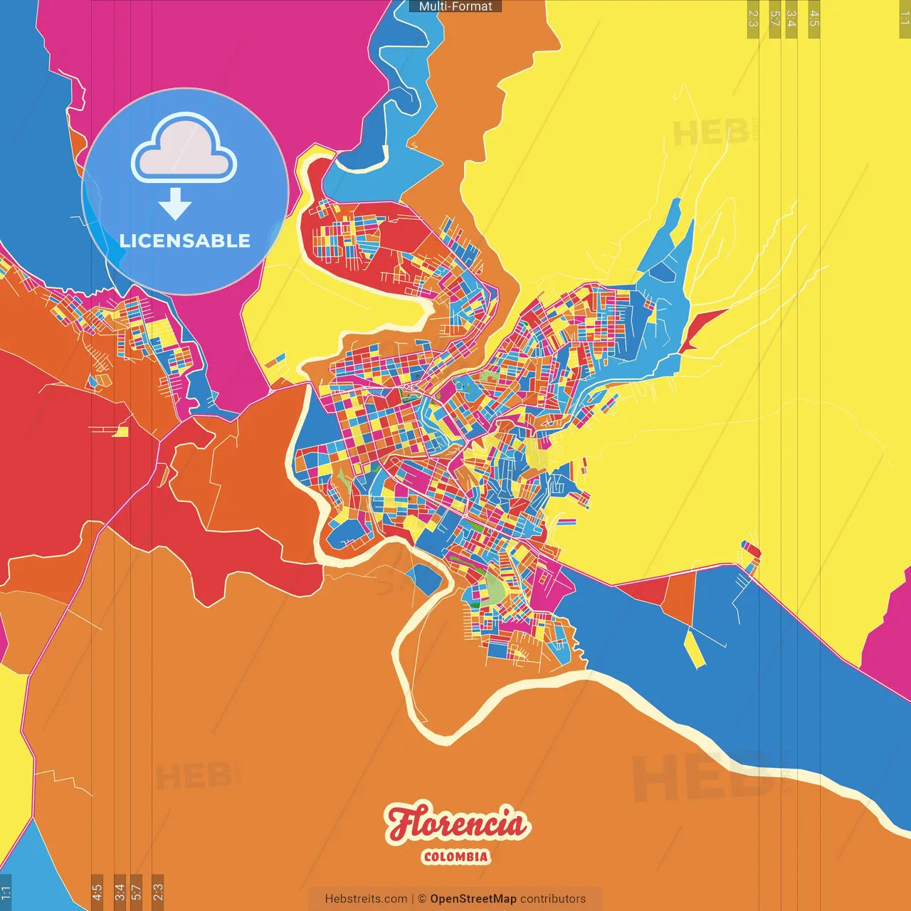 Florencia, Colombia Crazy Colorful Street Map Poster Template