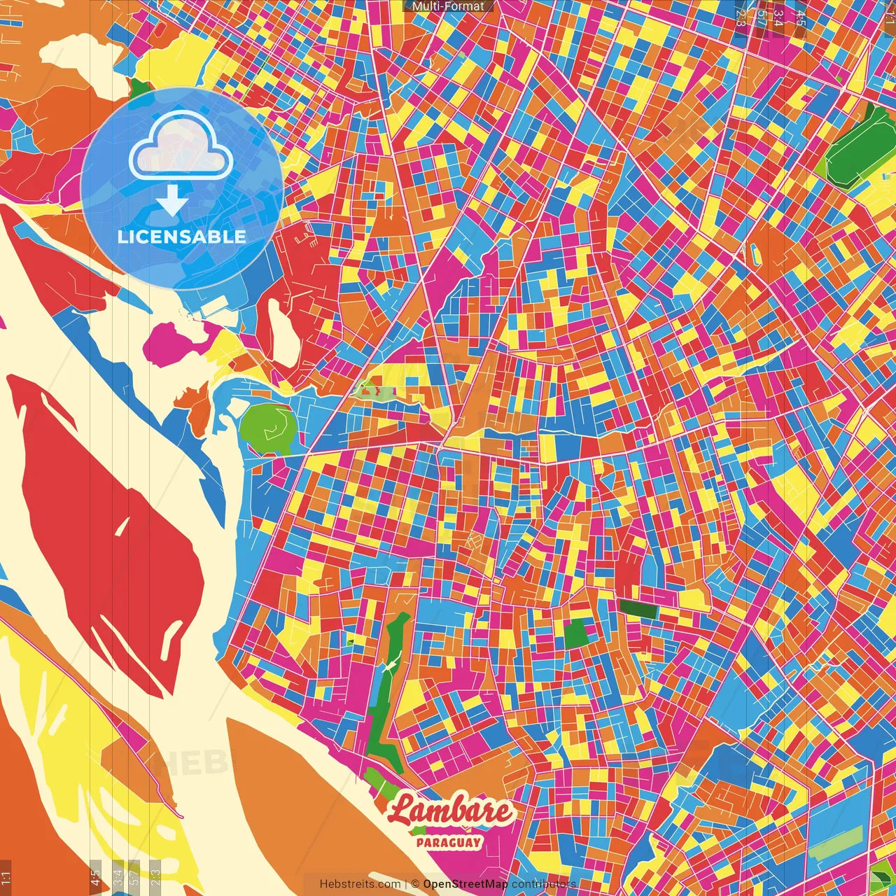 Lambare, Paraguay Crazy Colorful Street Map Poster Template