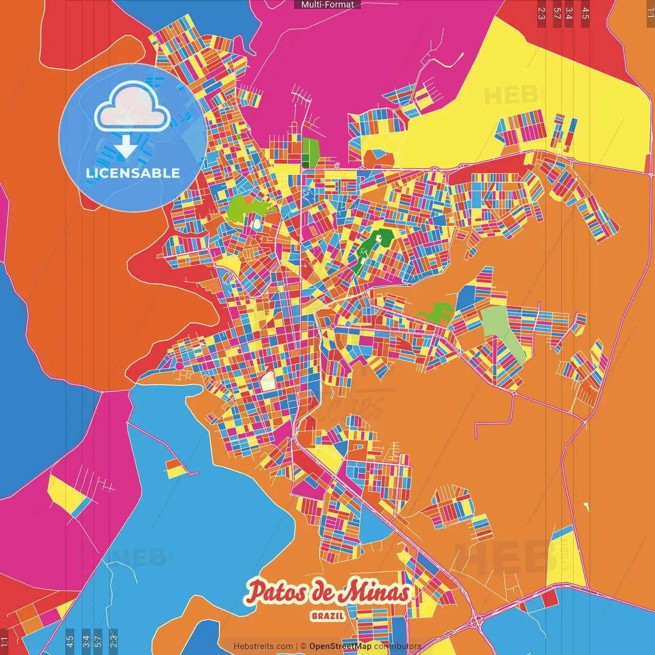 Patos de Minas, Brazil Crazy Colorful Street Map Poster Template