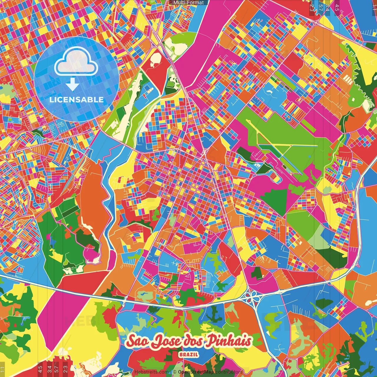 Sao Jose dos Pinhais, Brazil Crazy Colorful Street Map Poster Template