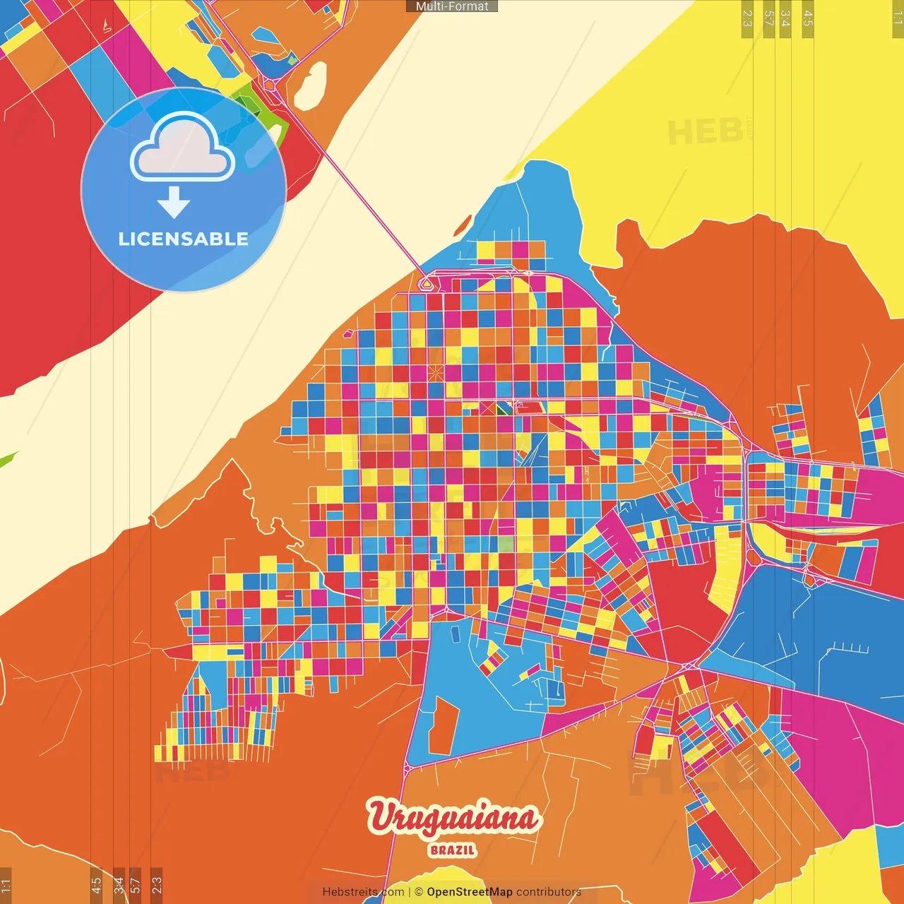 Uruguaiana, Brazil Crazy Colorful Street Map Poster Template