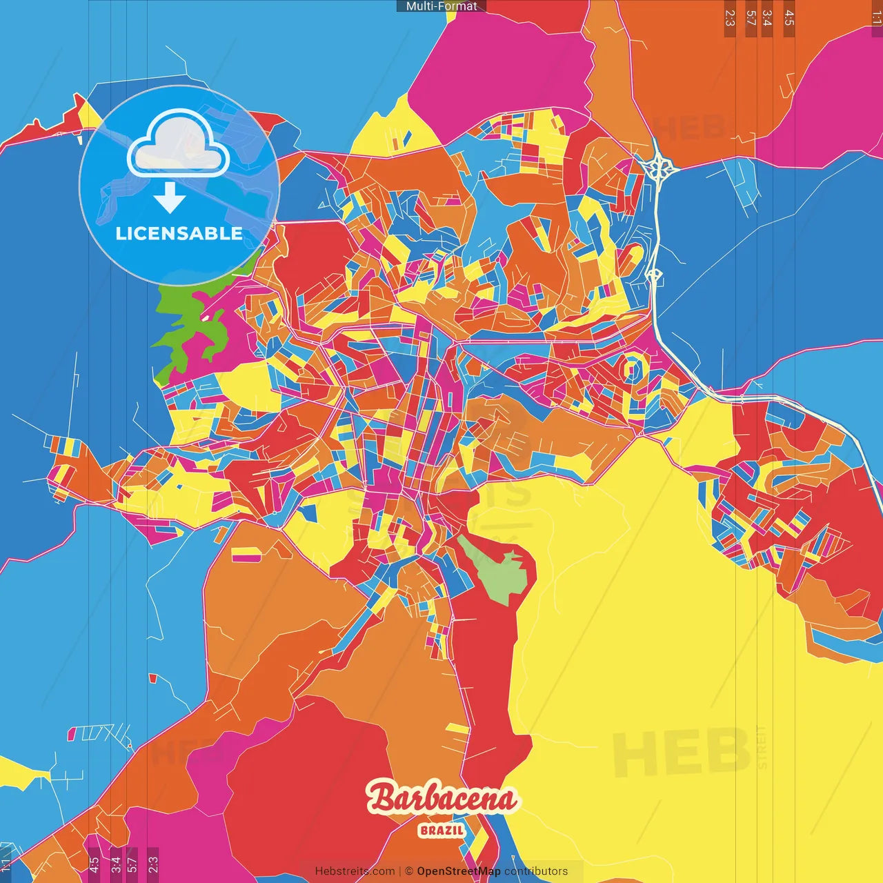 Barbacena, Brazil Crazy Colorful Street Map Poster Template