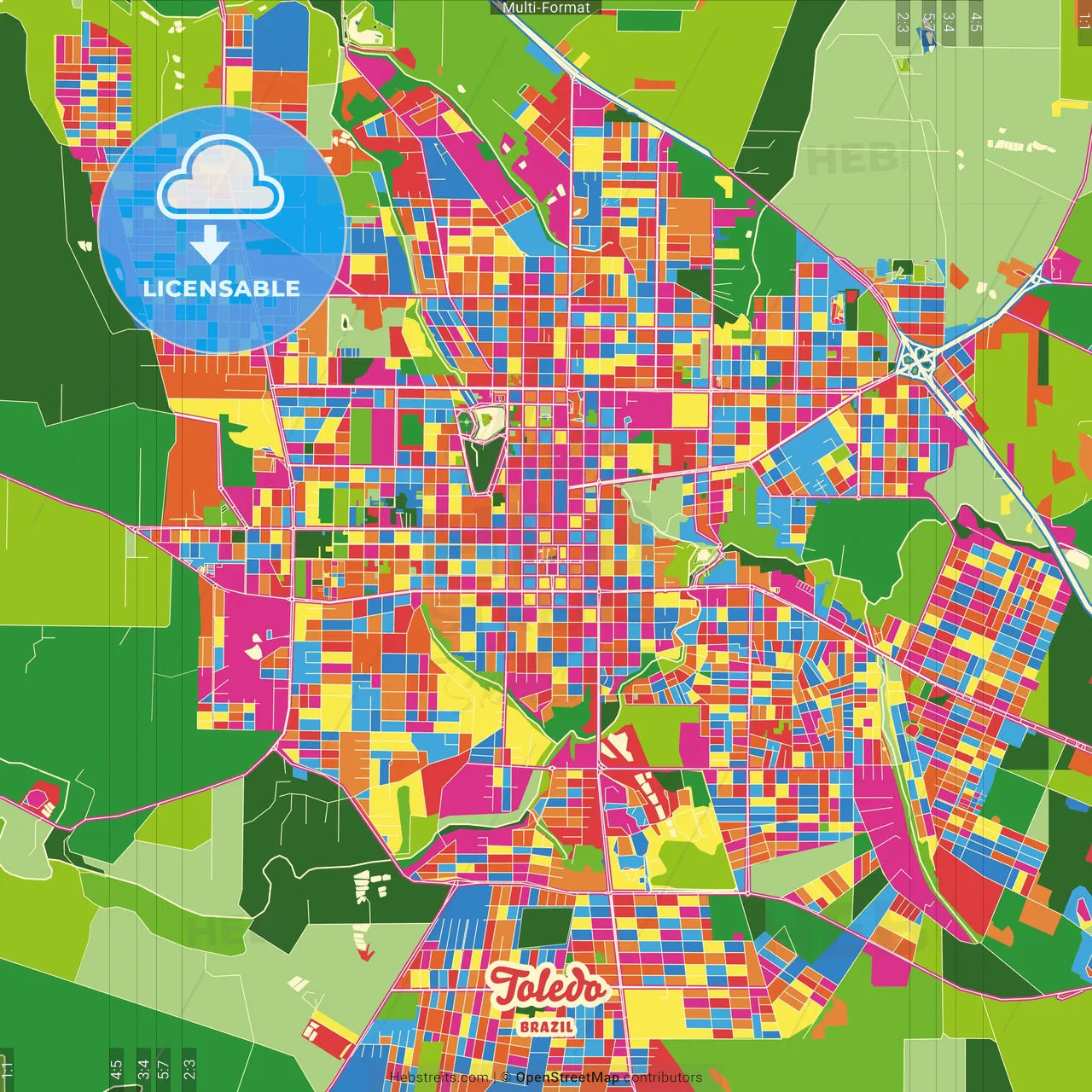 Toledo, Brazil Crazy Colorful Street Map Poster Template