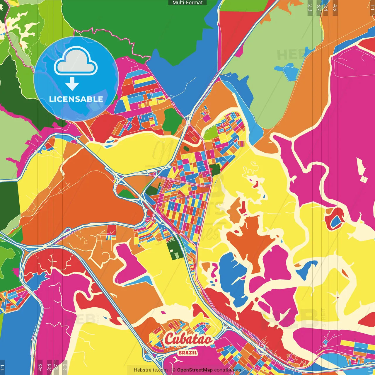 Cubatao, Brazil Crazy Colorful Street Map Poster Template