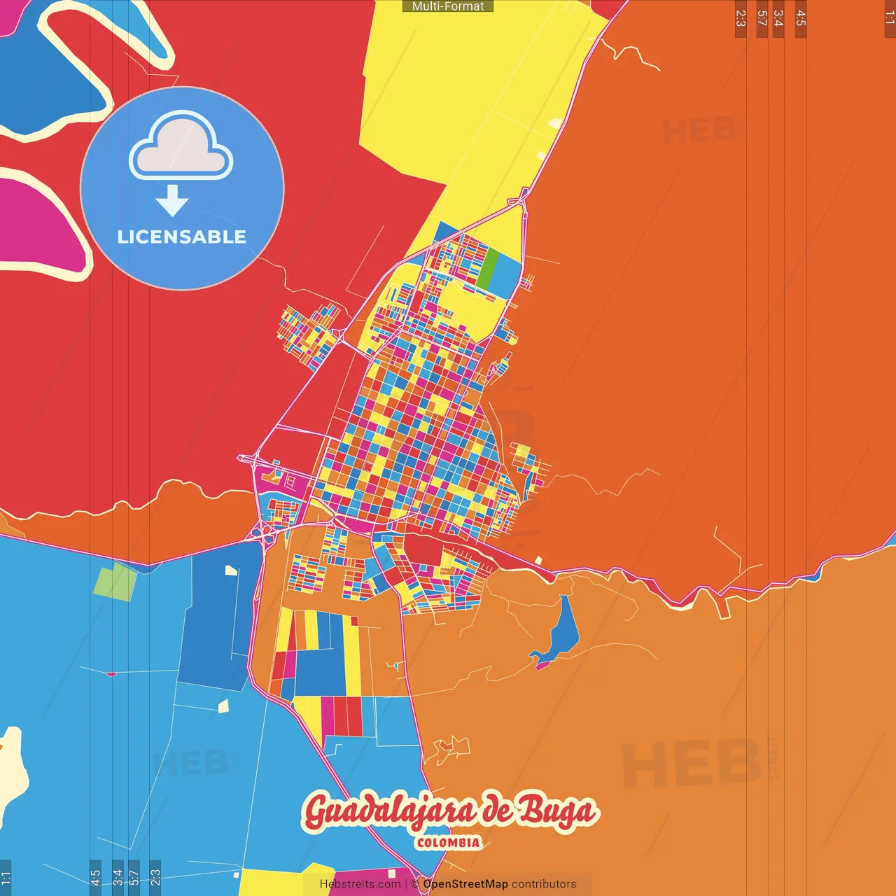 Guadalajara de Buga, Colombia Crazy Colorful Street Map Poster Template