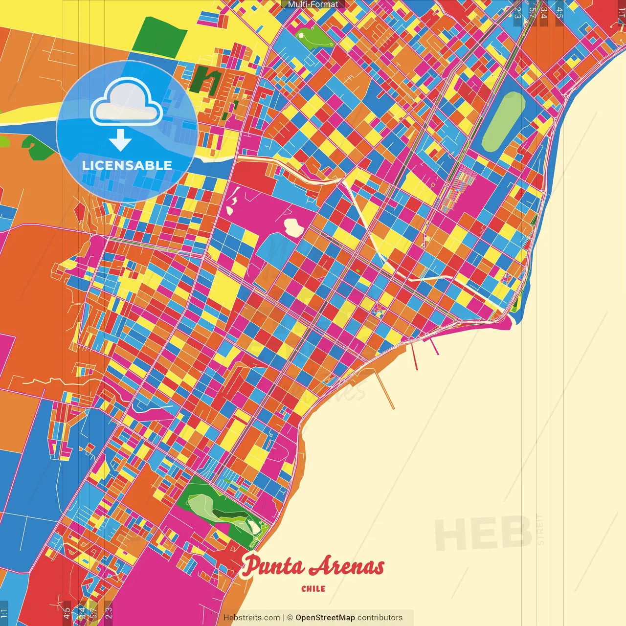 Punta Arenas, Chile Crazy Colorful Street Map Poster Template