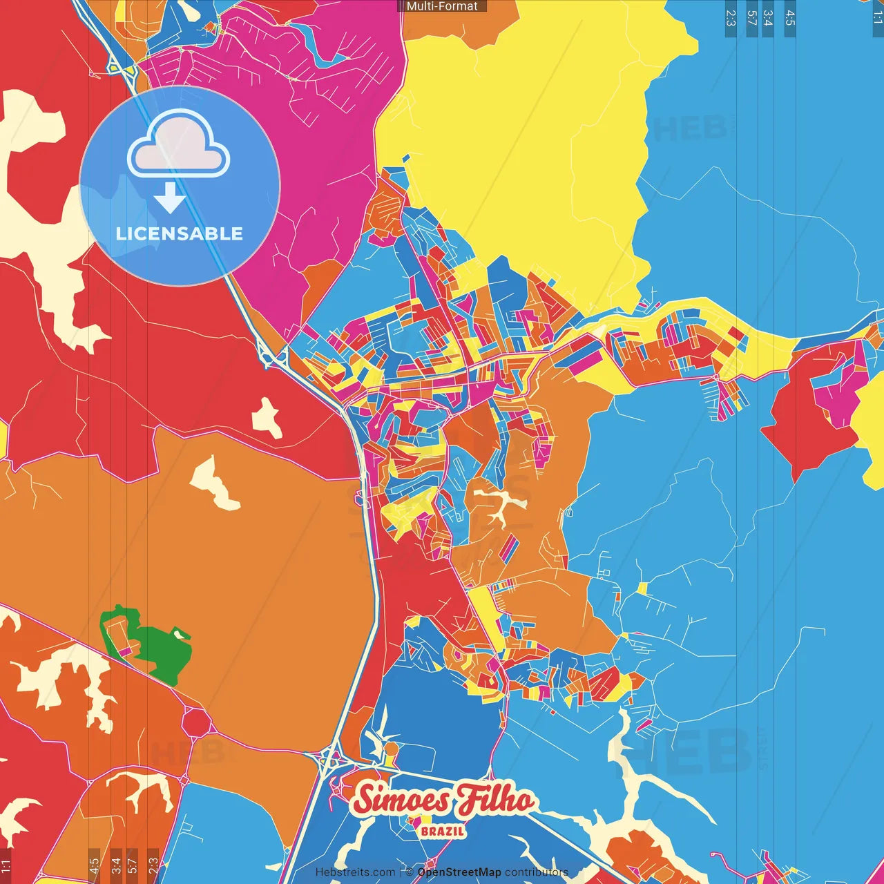 Simoes Filho, Brazil Crazy Colorful Street Map Poster Template