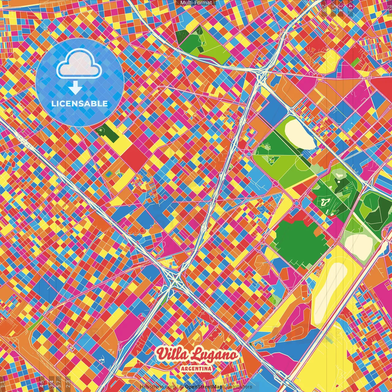 Villa Lugano, Argentina Crazy Colorful Street Map Poster Template
