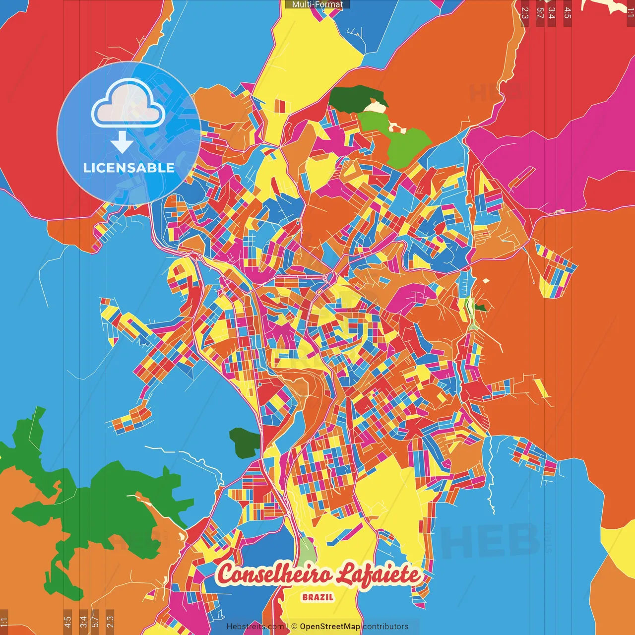 Conselheiro Lafaiete, Brazil Crazy Colorful Street Map Poster Template