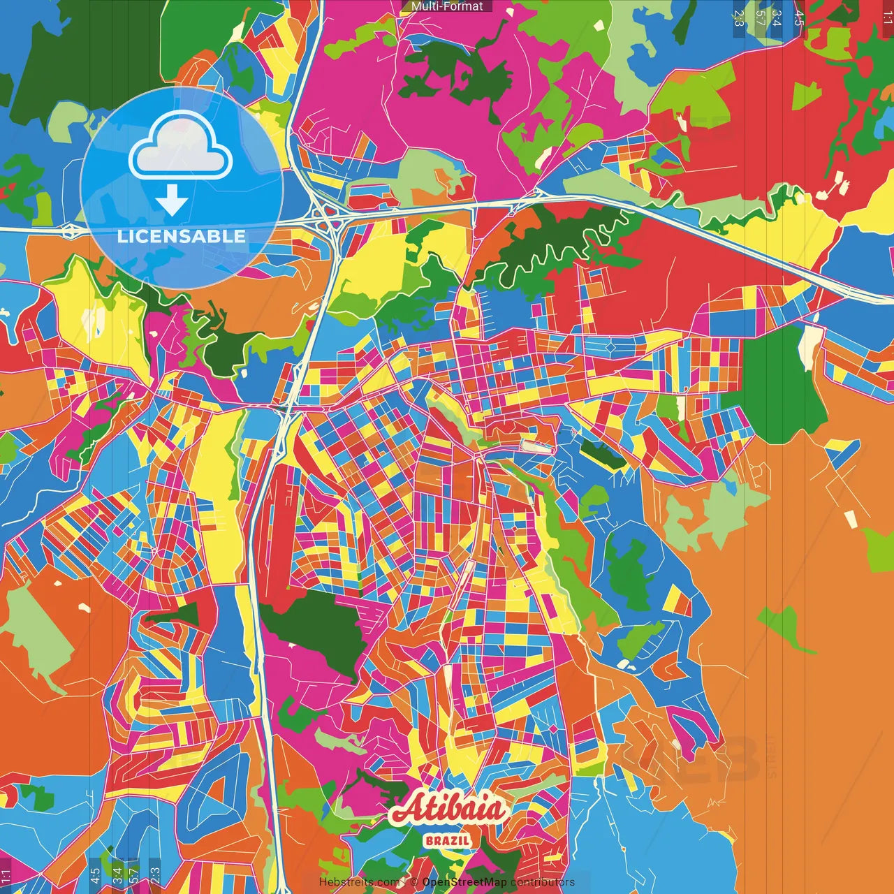 Atibaia, Brazil Crazy Colorful Street Map Poster Template
