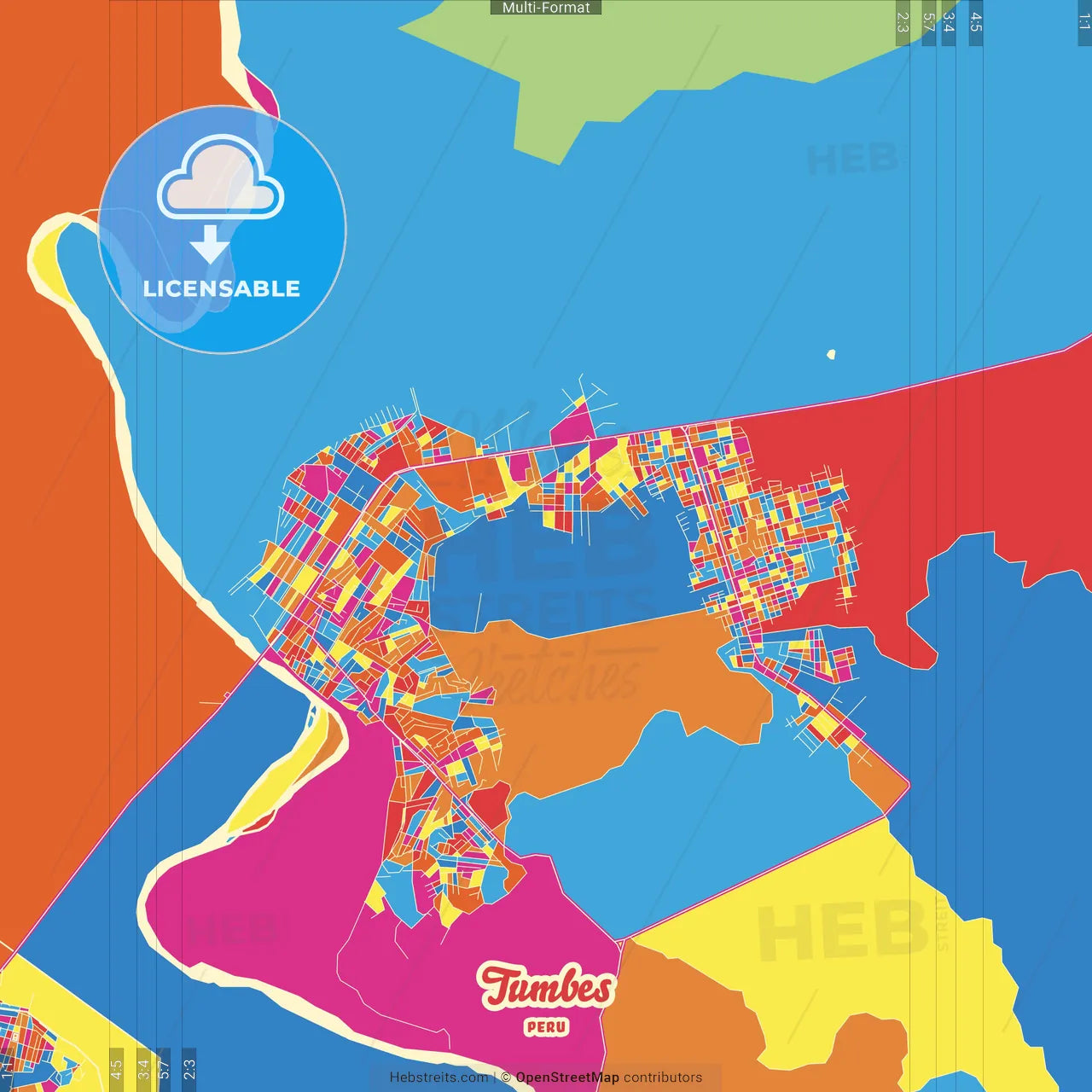 Tumbes, Peru Crazy Colorful Street Map Poster Template