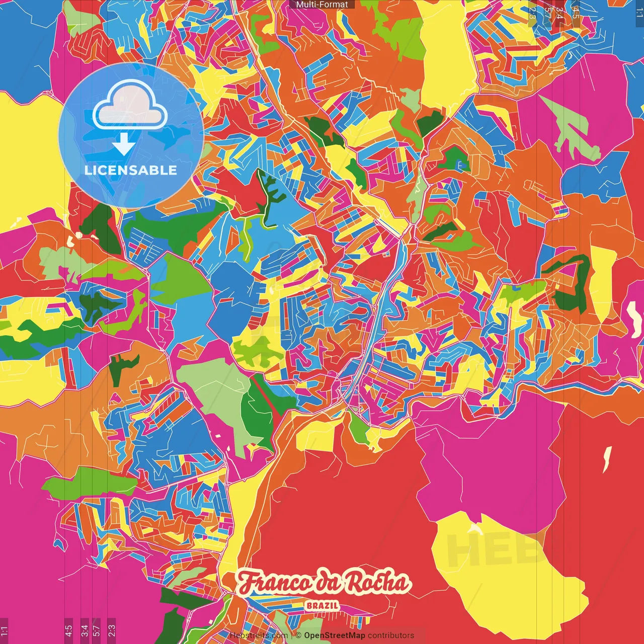 Franco Da Rocha, Brazil Crazy Colorful Street Map Poster Template ...