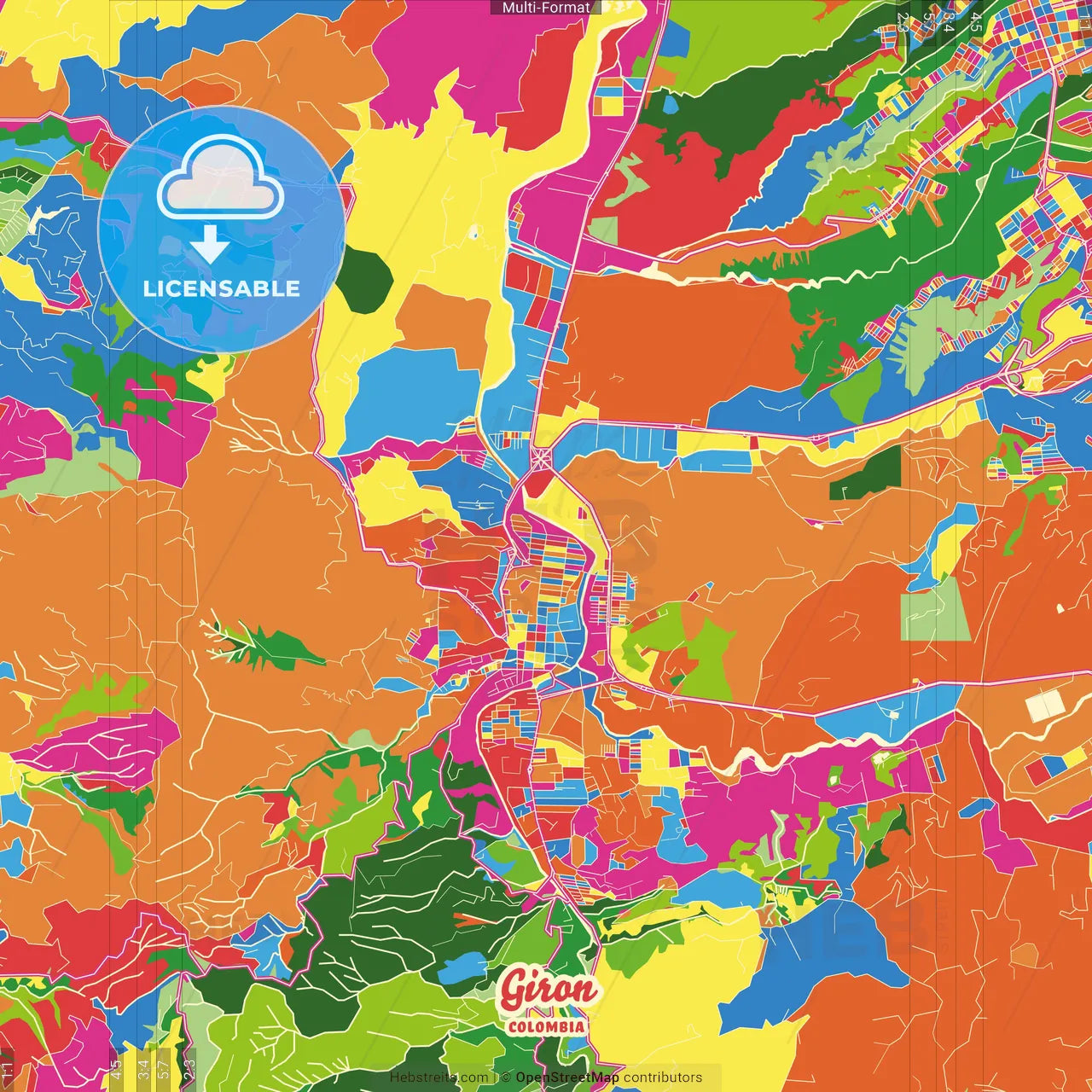 Giron, Colombia Crazy Colorful Street Map Poster Template