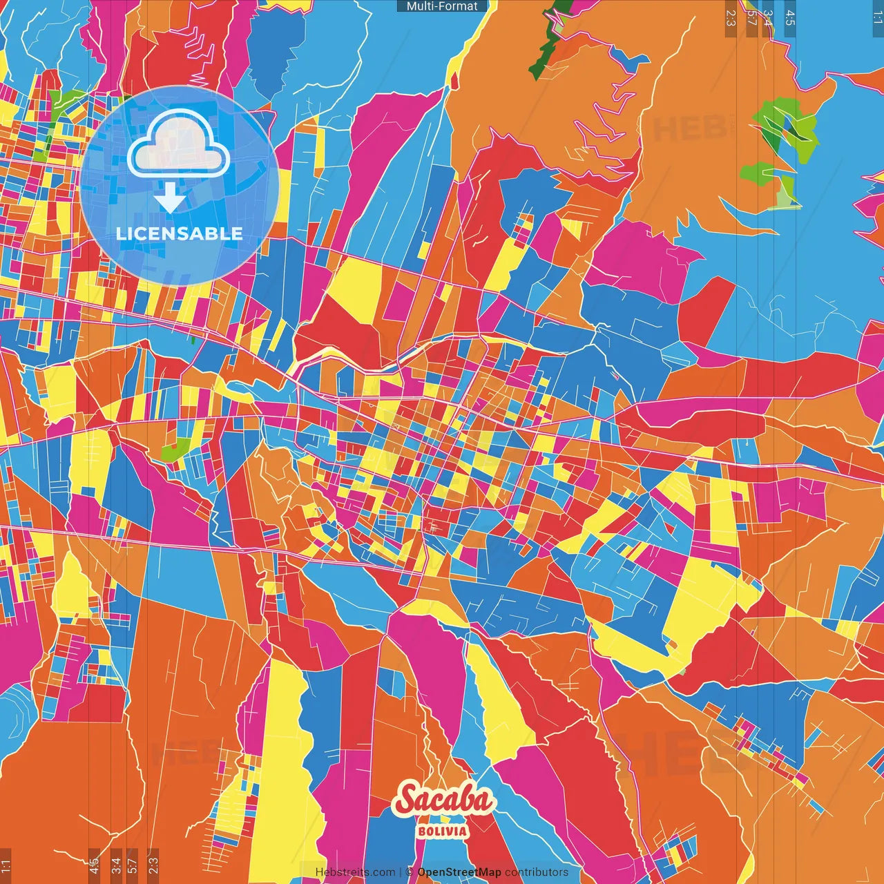 Sacaba, Bolivia Crazy Colorful Street Map Poster Template