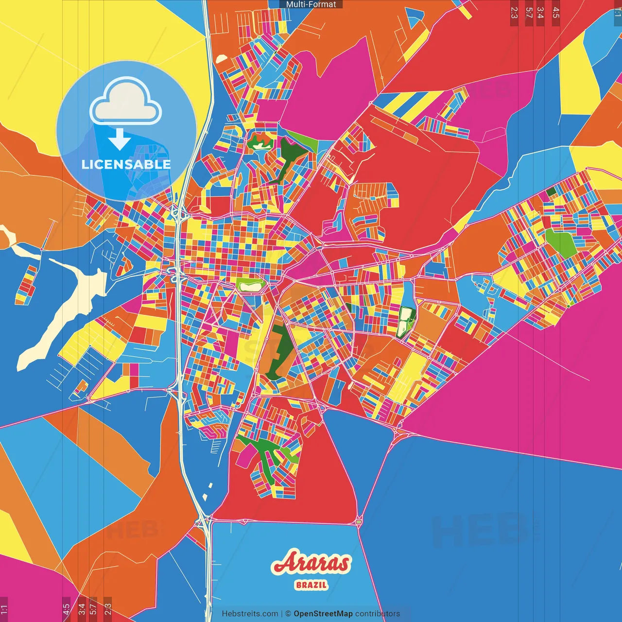 Araras, Brazil Crazy Colorful Street Map Poster Template