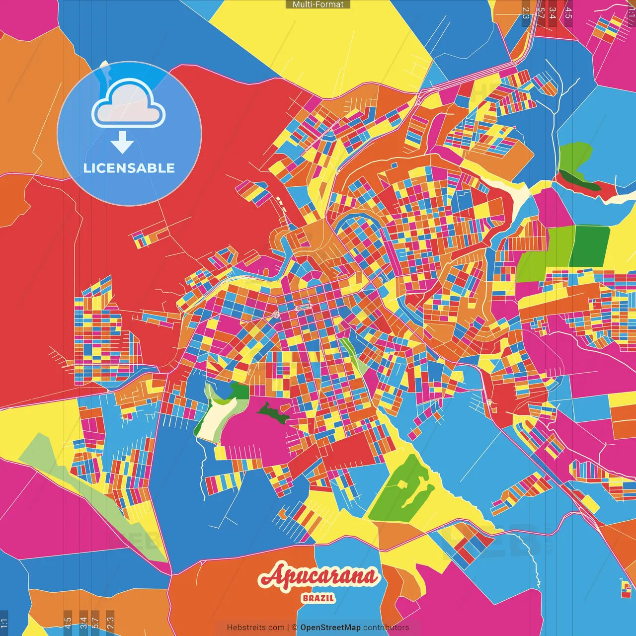 Apucarana, Brazil Crazy Colorful Street Map Poster Template