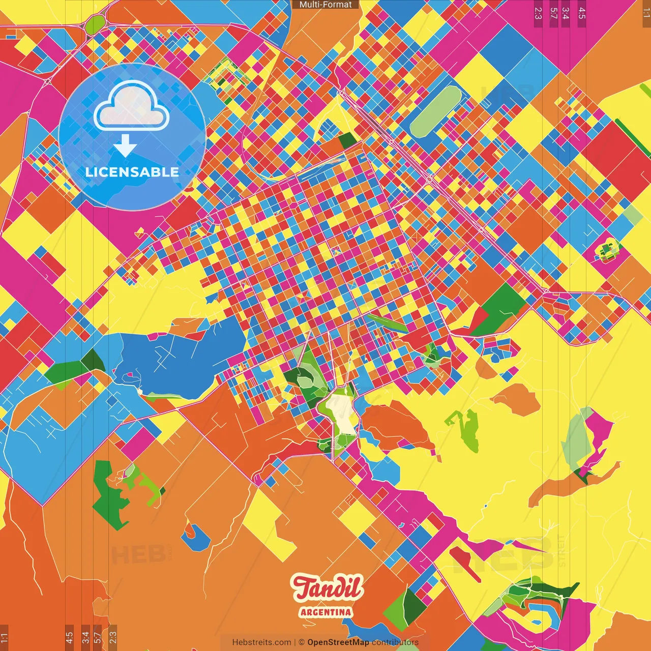 Tandil, Argentina Crazy Colorful Street Map Poster Template