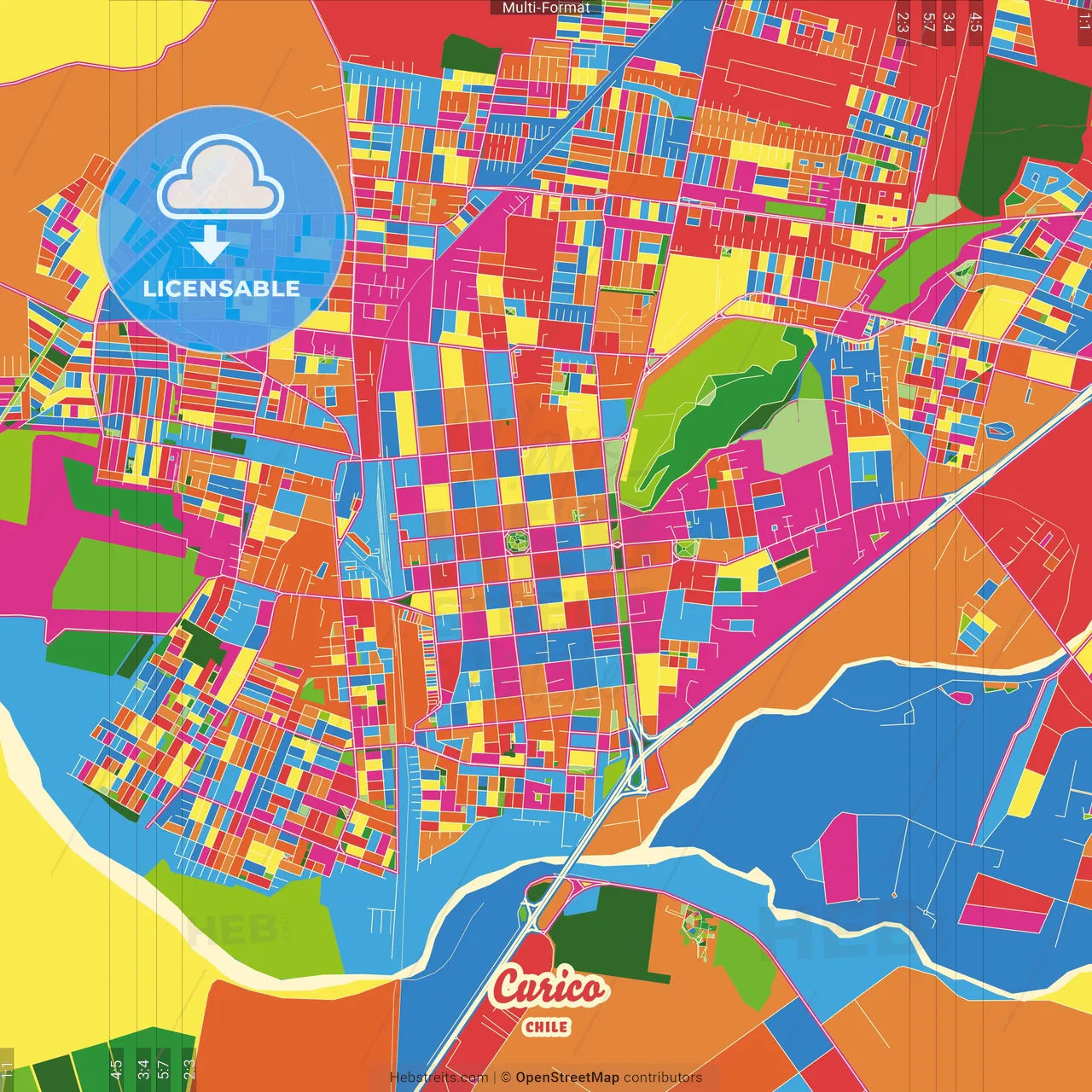 Curico, Chile Crazy Colorful Street Map Poster Template