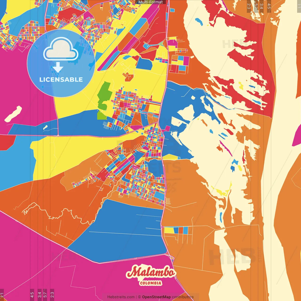 Malambo, Colombia Crazy Colorful Street Map Poster Template