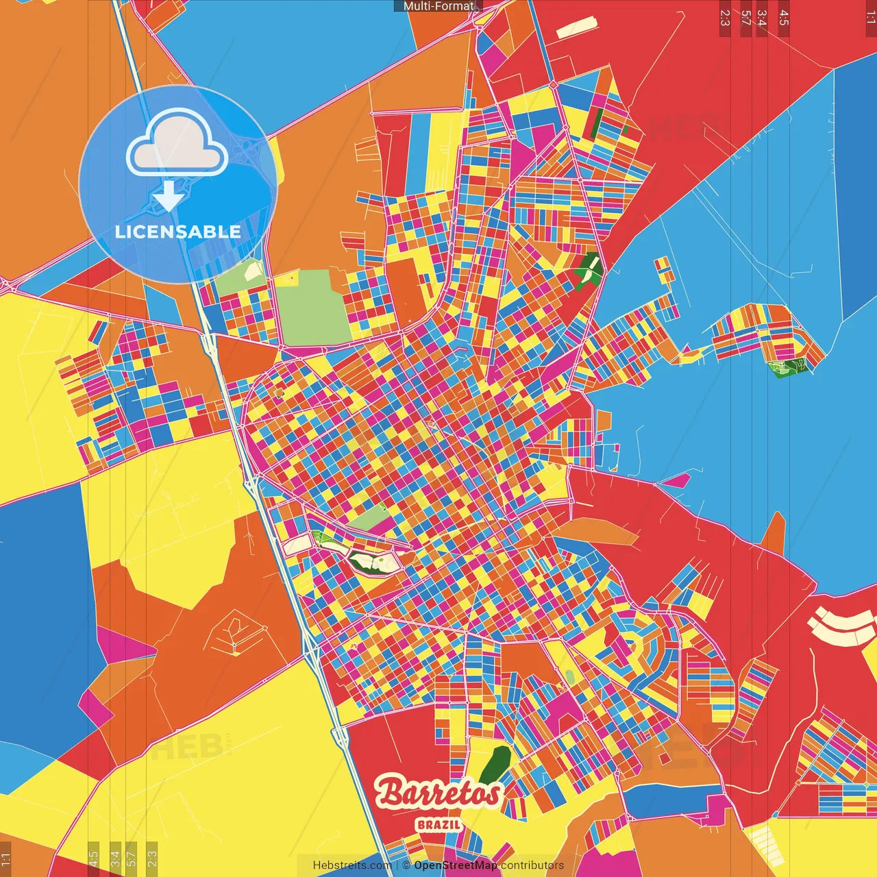 Barretos, Brazil Crazy Colorful Street Map Poster Template
