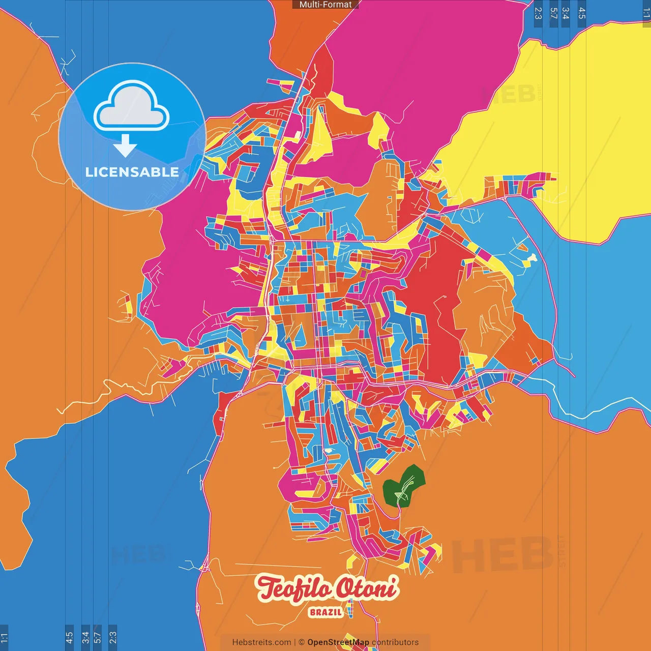 Teofilo Otoni, Brazil Crazy Colorful Street Map Poster Template