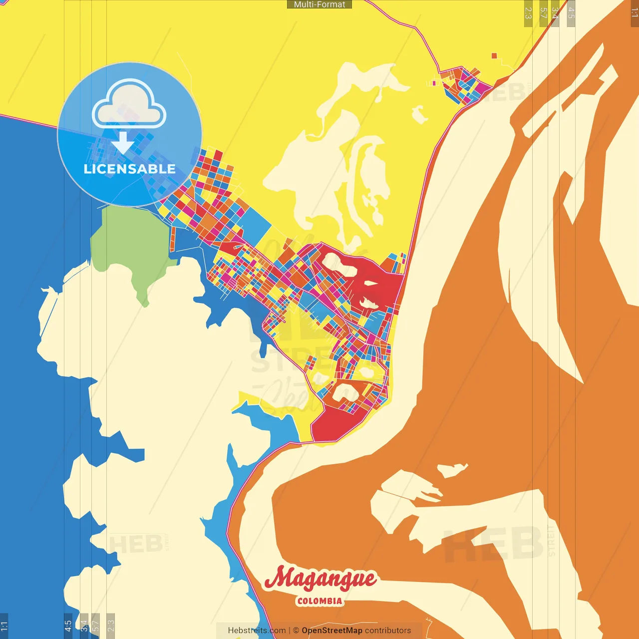 Magangue, Colombia Crazy Colorful Street Map Poster Template
