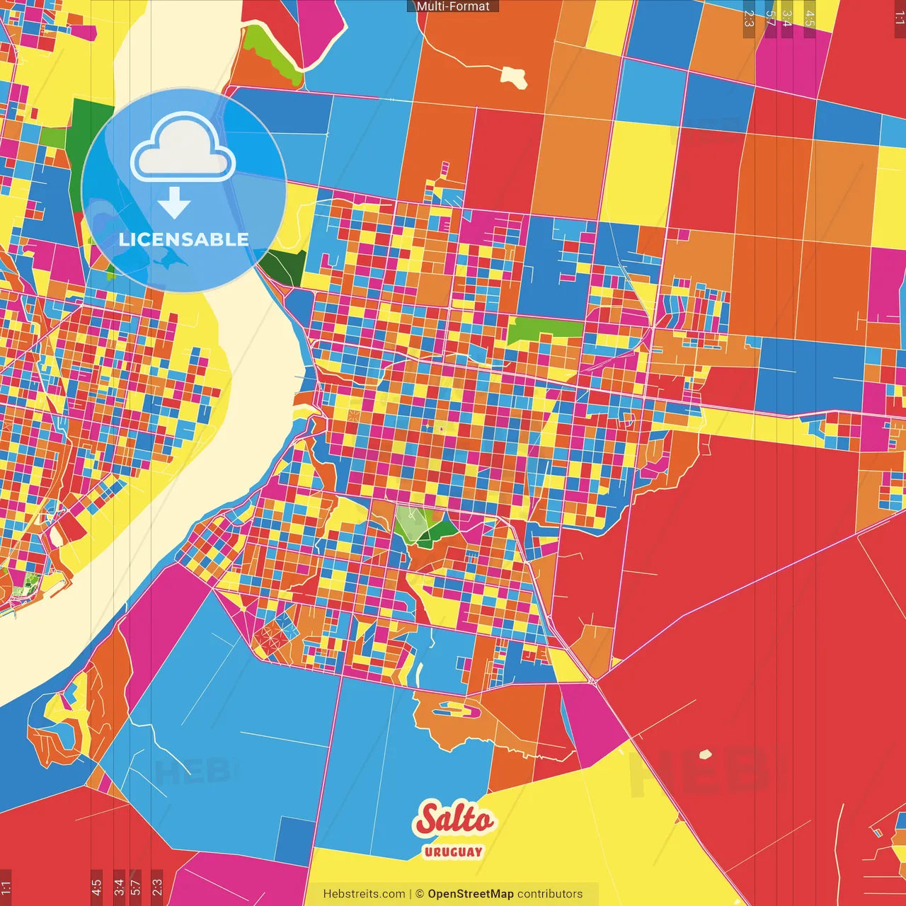Salto, Uruguay Crazy Colorful Street Map Poster Template