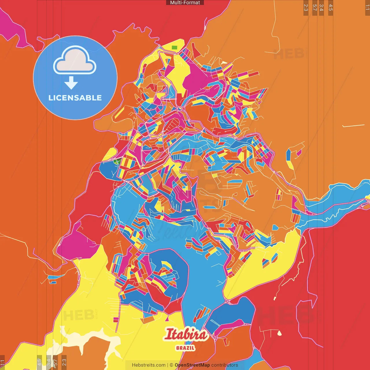Itabira, Brazil Crazy Colorful Street Map Poster Template