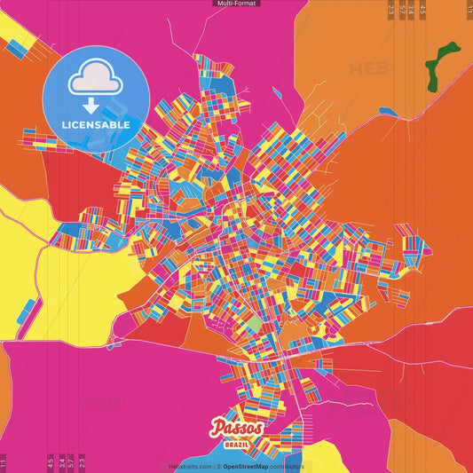 Passos, Brazil Crazy Colorful Street Map Poster Template