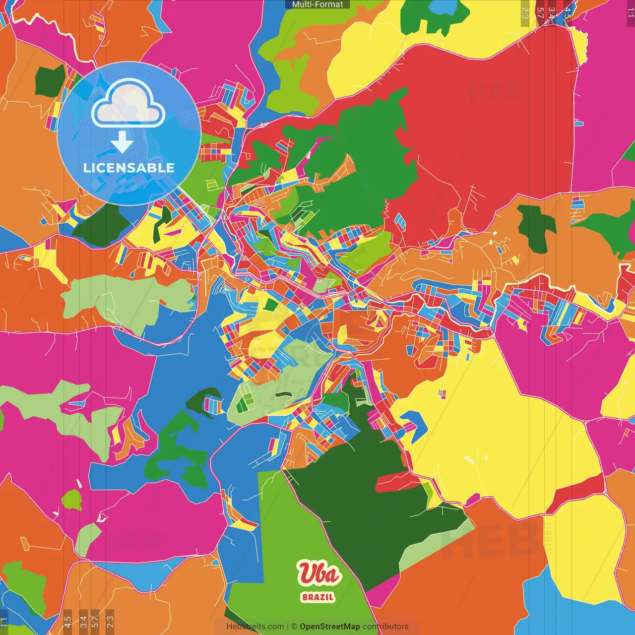 Uba, Brazil Crazy Colorful Street Map Poster Template