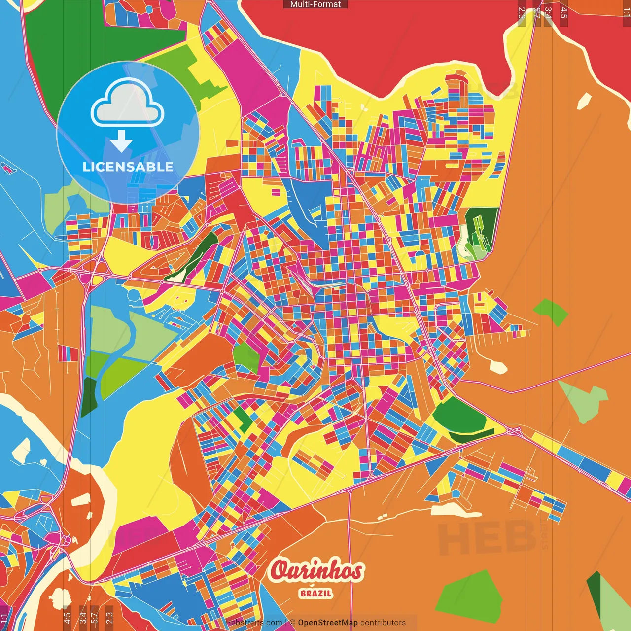 Ourinhos, Brazil Crazy Colorful Street Map Poster Template