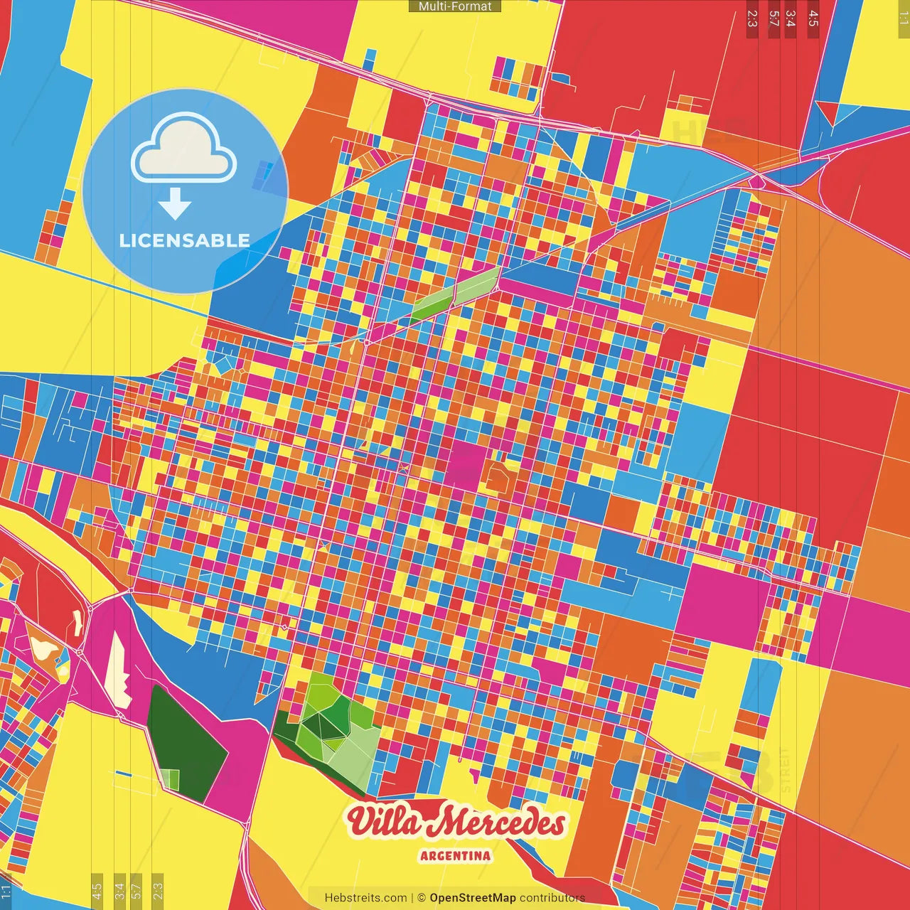 Villa Mercedes, Argentina Crazy Colorful Street Map Poster Template