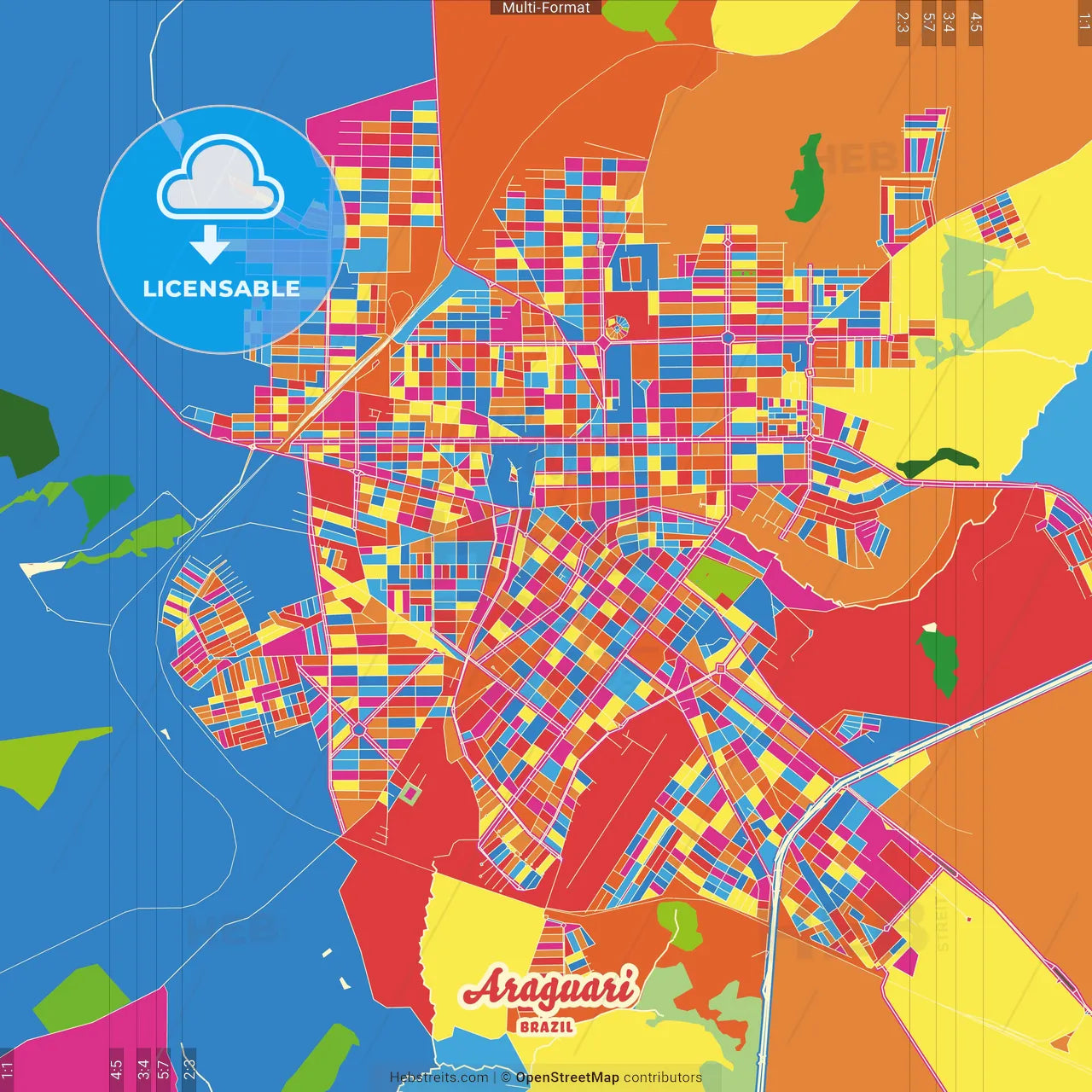 Araguari, Brazil Crazy Colorful Street Map Poster Template