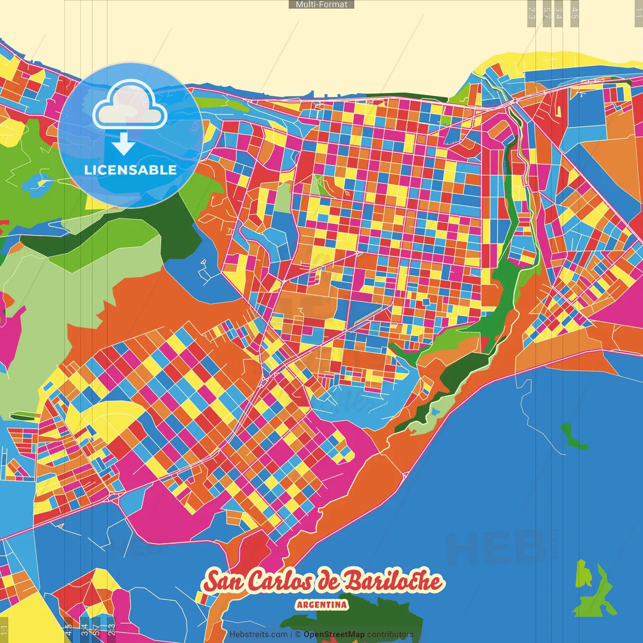 San Carlos de Bariloche, Argentina Crazy Colorful Street Map Poster Template