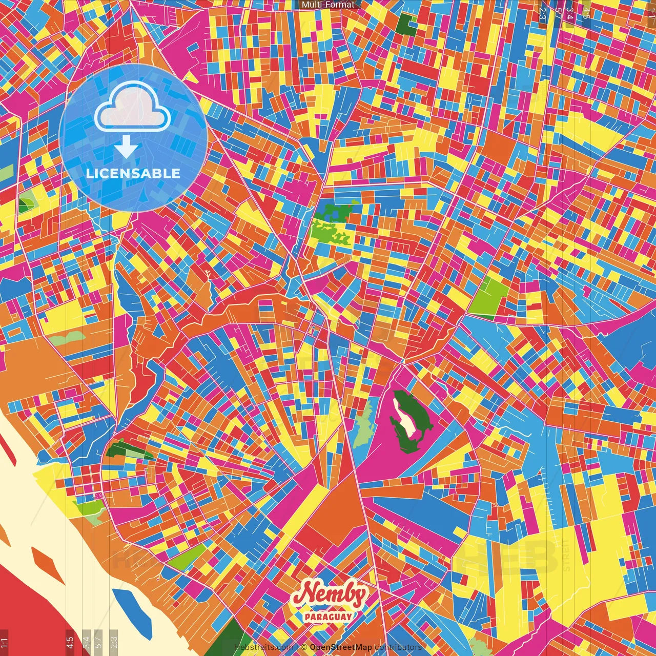 Nemby, Paraguay Crazy Colorful Street Map Poster Template