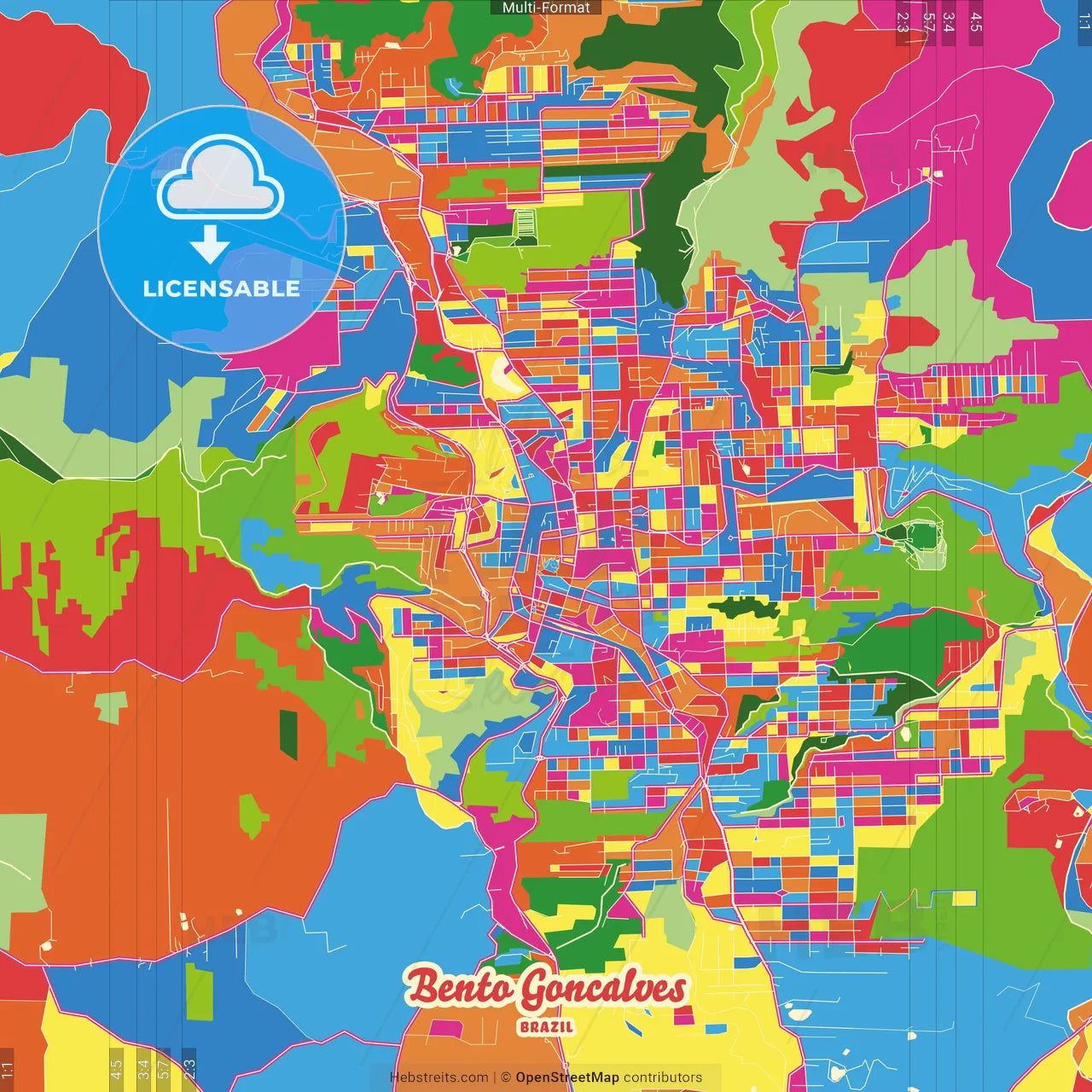 Bento Goncalves, Brazil Crazy Colorful Street Map Poster Template