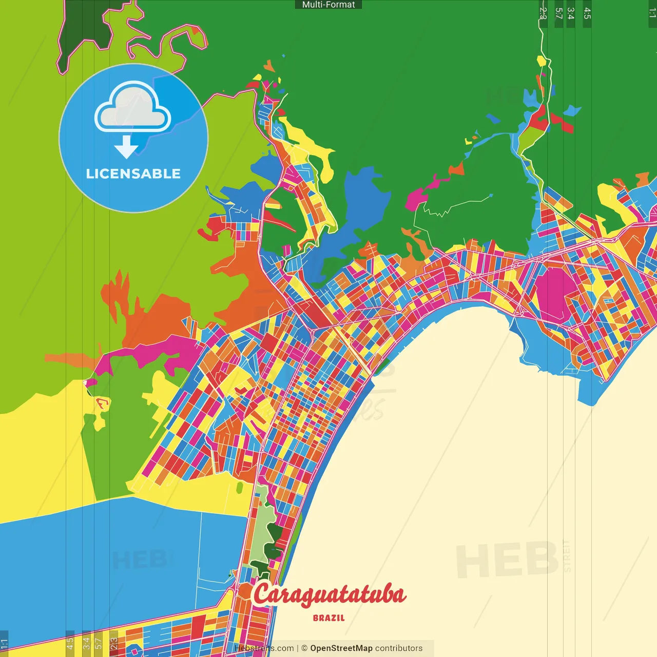 Caraguatatuba, Brazil Crazy Colorful Street Map Poster Template