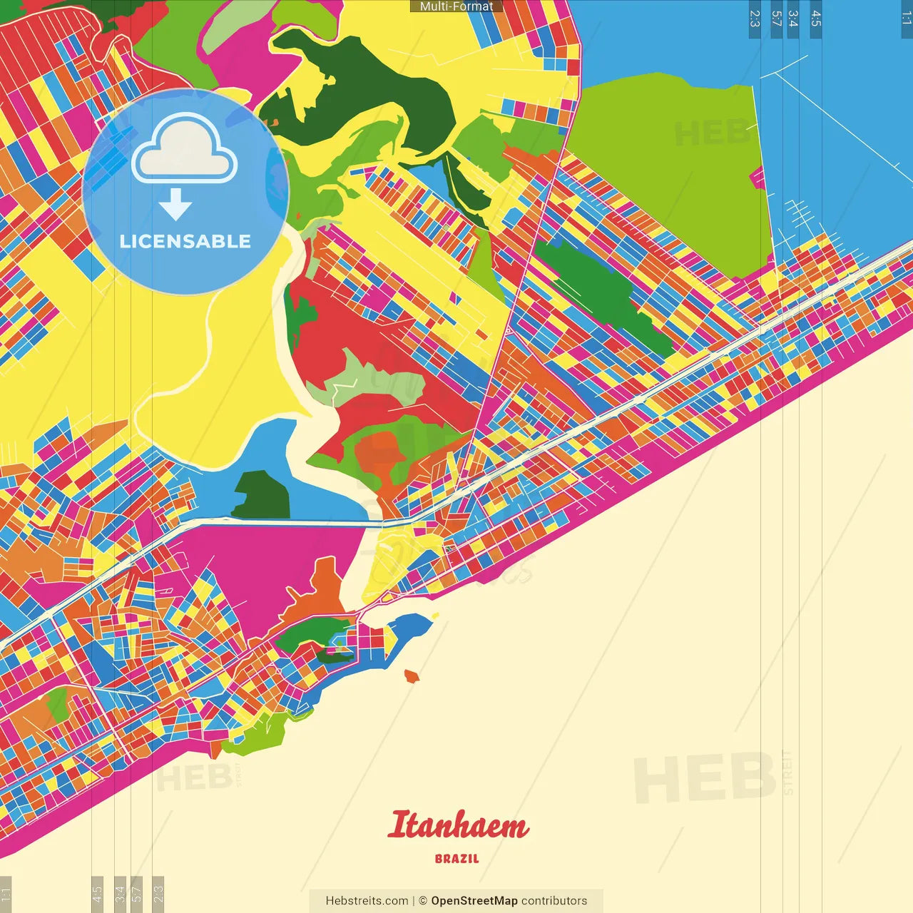 Itanhaem, Brazil Crazy Colorful Street Map Poster Template