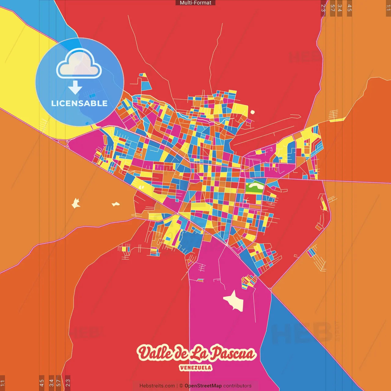 Valle de La Pascua, Venezuela Crazy Colorful Street Map Poster Template